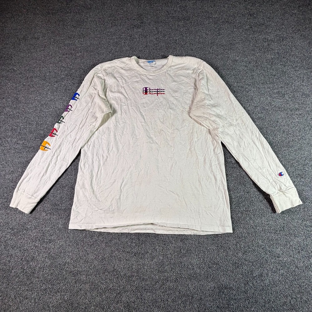Vintage Champion Long Sleeve T-Shirt Mens XL White Graphic Cotton Crew Neck Y2K